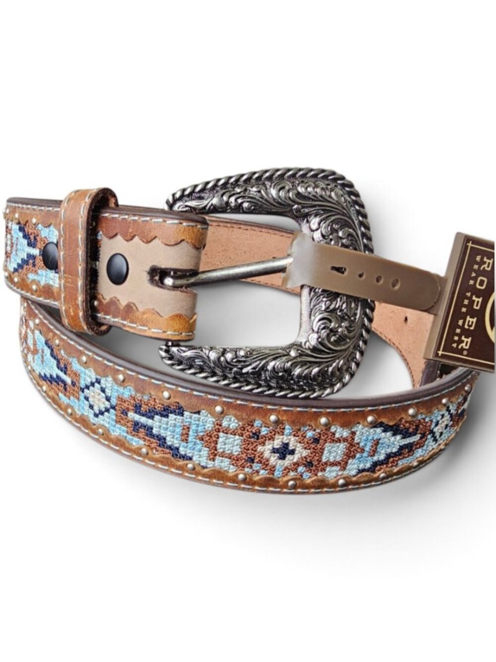 ROPER Men's  Southwest Fashion XL Genuine Leather 46.5" Belt Blue Design NEW